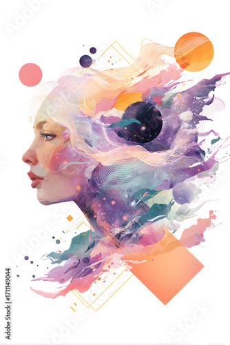 Cosmic Watercolor Portrait: A Womans Inner Universe.