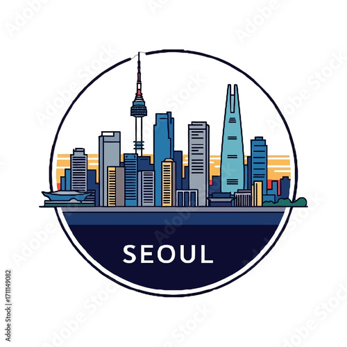 Modern seoul skyline illustration in a circle, featuring iconic skyscrapers and namsan tower, representing the vibrant capital city south korea