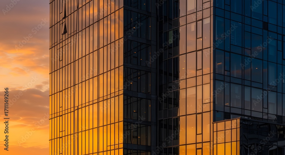 Fototapeta premium Golden Hour Reflection on Modern Office Building