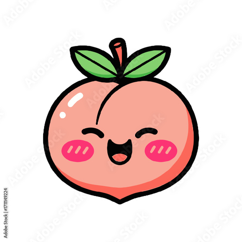 Cute and happy cartoon peach character with blushing cheeks and a wide smile, representing sweetness and joy