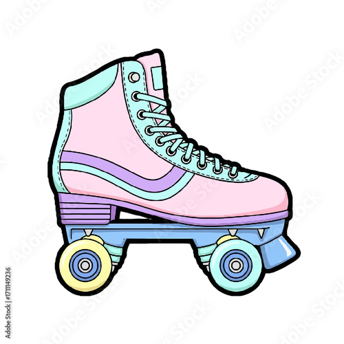 Retro roller skate in pastel pink, purple, and blue colors