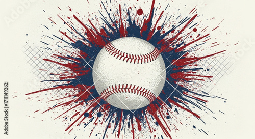 A baseball explodes with red and blue paint splatters behind a net.