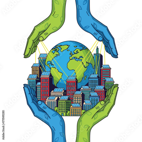 Protecting Our Planet Hands Enclosing Earth and Cityscape