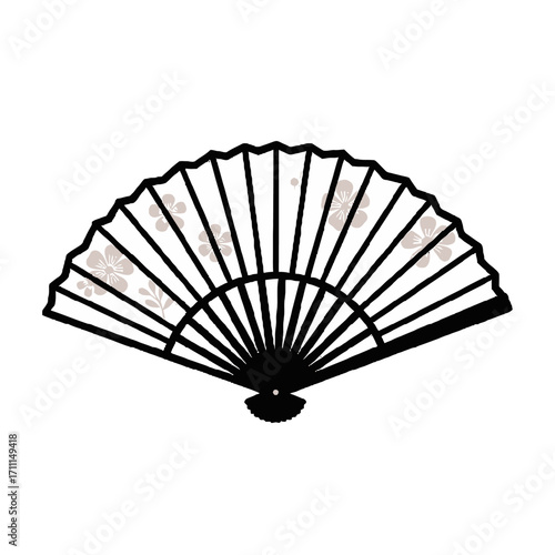 A black folding fan with a floral pattern, isolated on a transparent background