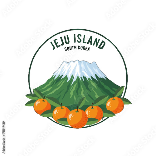Jeju island south korea emblem featuring hallasan mountain, tangerines, and leaves, enclosed in a circle