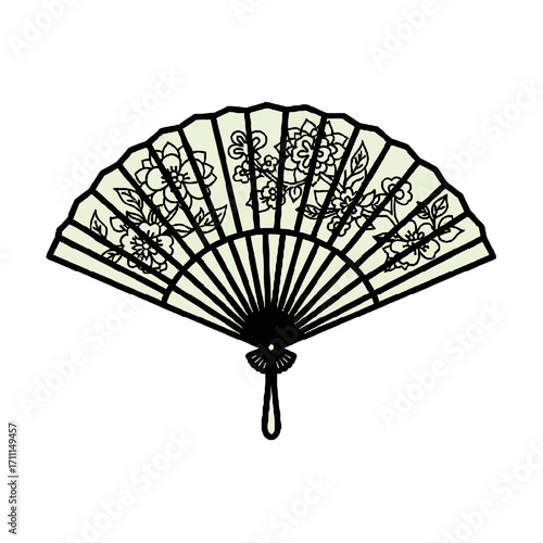 Open oriental fan decorated with colorful floral patterns
