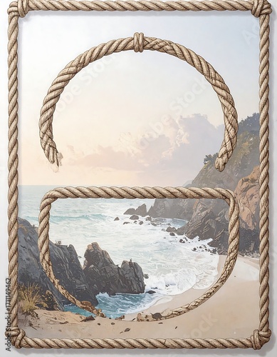 Framed coastal landscape with rope border