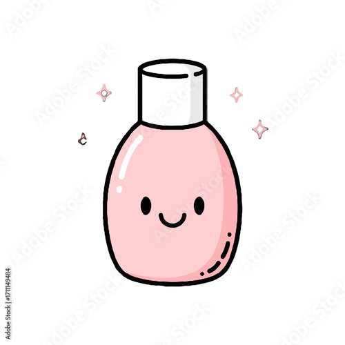 Adorable kawaii pink bottle with a happy face and sparkling effect