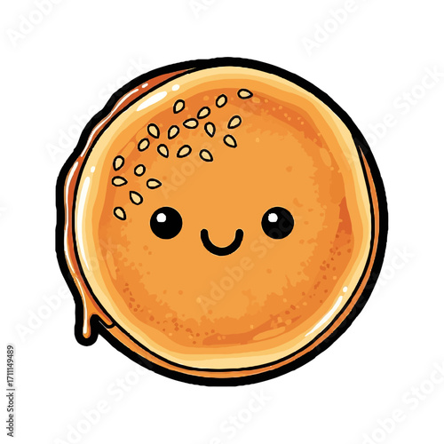 Cute cartoon pancake with a happy face, sesame seeds, and dripping syrup