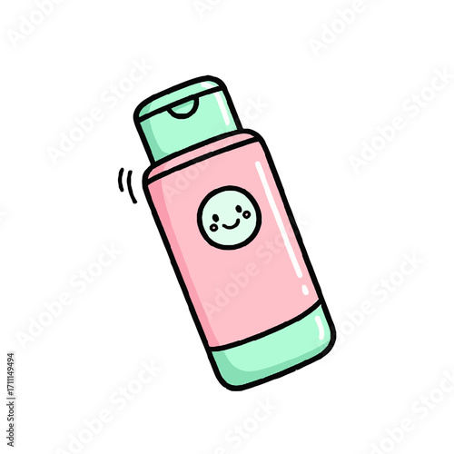 Cute cartoon pink and green bottle with a happy face and a fliptop cap