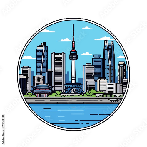 Circular illustration the seoul skyline featuring namsan tower and modern skyscrapers, with a body water in the foreground and a blue sky with clouds above