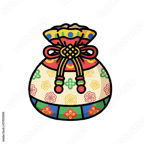 Traditional korean lucky pouch bokjumeoni with intricate knot and floral patterns, symbolizing good fortune and prosperity