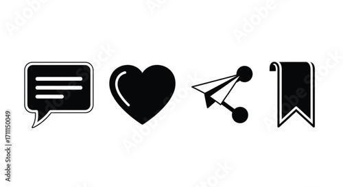 Social media icons for engagement: comment, like, share, and bookmark.