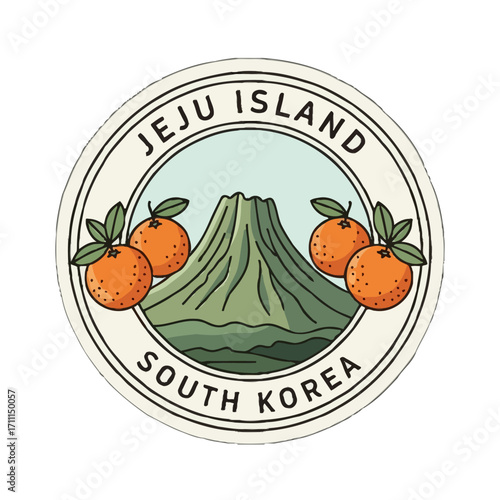 Circular emblem featuring a stylized green mountain, reminiscent hallasan on jeju island, south korea, surrounded by ripe tangerines, symbolizing local produce and iconic landmarks