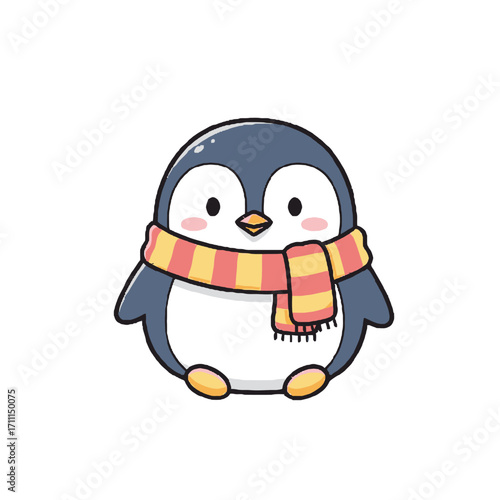 Cute cartoon illustration a penguin wearing a striped scarf, isolated on a transparent background, perfect for winter themes, childrens content, and holiday designs