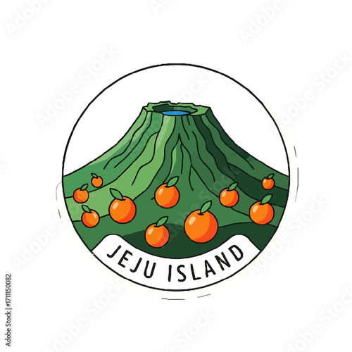 Stylized illustration hallasan volcano on jeju island, south korea, with numerous tangerines scattered across its slopes, representing the islands famous citrus fruit