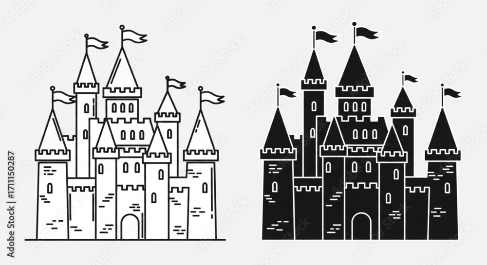 Fototapeta premium A graphic illustration of a fairy tale castle in both outline and solid black formats.