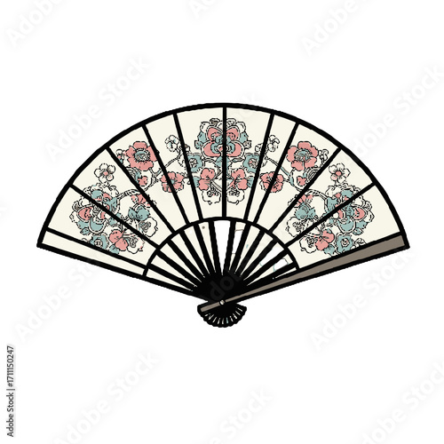 A traditional japanese folding fan decorated with delicate pink and blue floral patterns, isolated on a transparent background