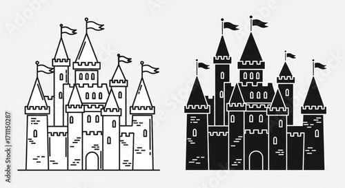 A graphic illustration of a fairy tale castle in both outline and solid black formats.