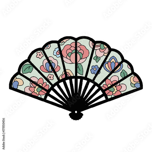 Traditional korean folding fan decorated with colorful floral patterns
