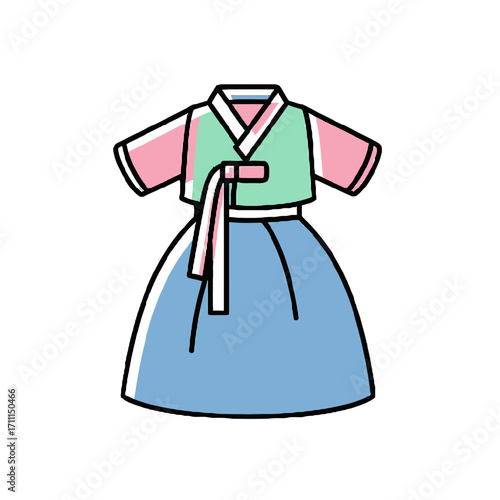 A simple, flat illustration a traditional korean hanbok dress for a child, featuring a pink jeogori top and a blue chima skirt, isolated on a transparent background