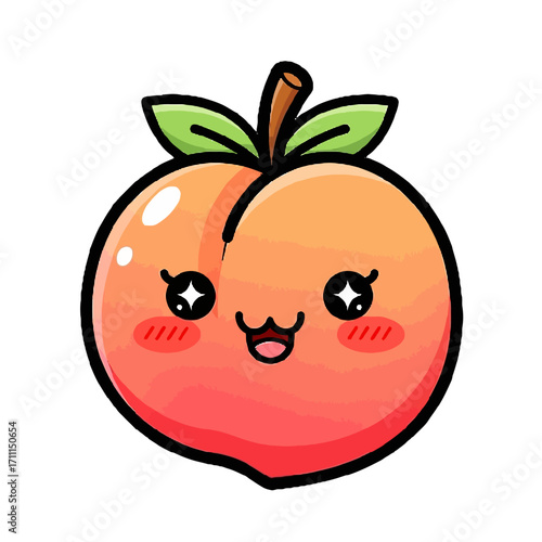 Cute cartoon peach with a happy face, sparkling eyes, rosy cheeks, and a stem with leaves, isolated on a transparent background, representing a sweet and cheerful fruit character