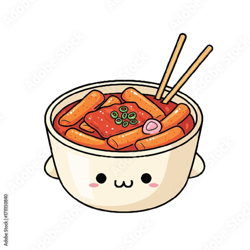 Cute cartoon illustration a bowl tteokbokki, a popular korean spicy rice cake dish, with chopsticks