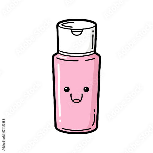 A cute cartoonstyle pink bottle liquid, possibly hand sanitizer or lotion, with a happy face, isolated on a transparent background