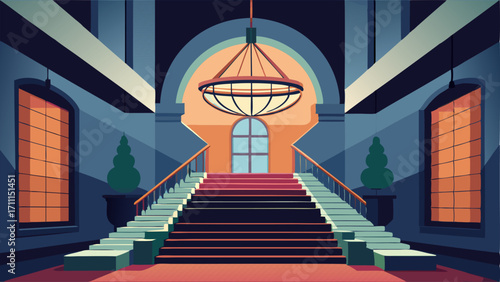 A grand entrance hall with a grandiose staircase and a contemporary statement light fixture hanging from a high ceiling.