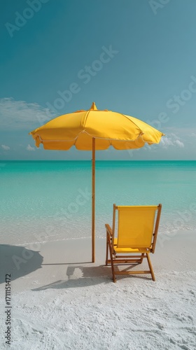 Beach scene with yellow umbrella and chair