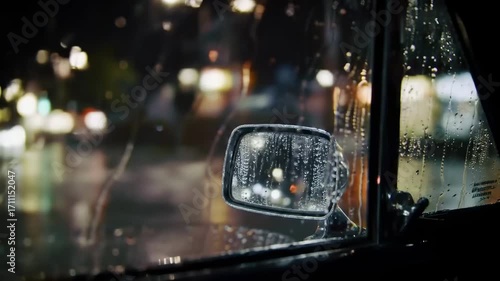 Cinematic view from inside a car on a rainy night, with water droplets on the window and blurred city bokeh lights