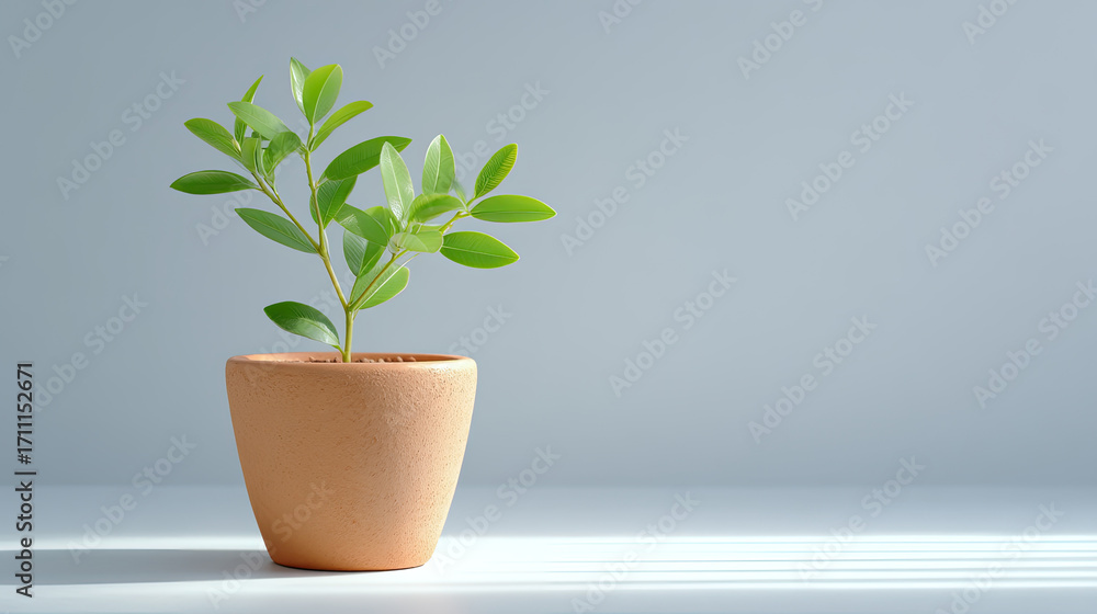 Fototapeta premium Single young plant in terracotta pot, showcasing vibrant green leaves against soft gray background, evokes sense of tranquility and freshness