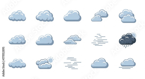 Collection of diverse cartoon cloud icons representing various weather conditions