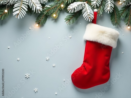 festive red Christmas stocking hanging on snowy fir branches, surrounded by delicate falling snowflakes, winter holiday background