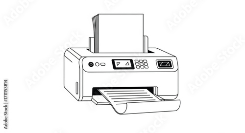 Modern printer in a clean line art style, producing documents with efficiency and precision.
