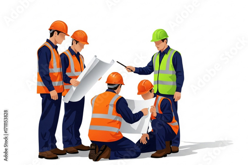 Construction Engineers and Workers Discussing Blueprint Vector Illustration
