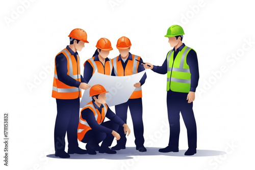 Construction Engineers and Workers Discussing Blueprint Vector Illustration
