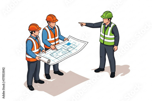 Construction Engineers Discussing Building Blueprint Vector Illustration
