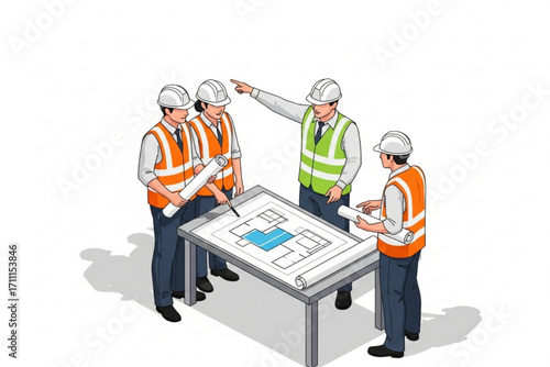 Construction Engineers Discussing Building Blueprint Vector Illustration
