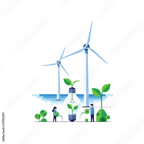 Sustainable Energy Growth Wind Turbines & Green Shoots Symbolizing Eco-Friendly Future