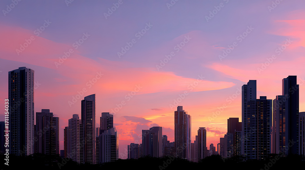 Obraz premium Stunning skyline featuring towering buildings against vibrant sunset, showcasing blend of modern architecture and natural beauty. colors of sky create serene atmosphere