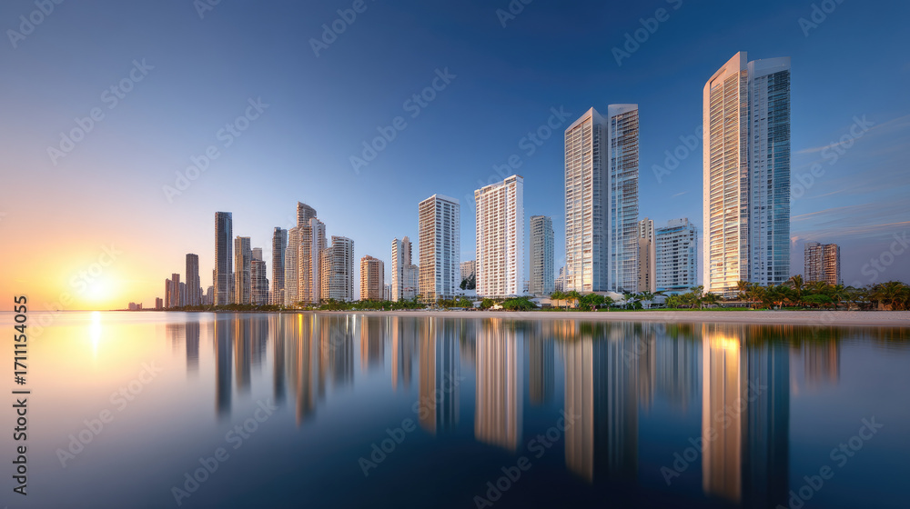 Obraz premium Stunning coastal skyline featuring modern skyscrapers reflecting in calm waters during sunset, creating serene and picturesque atmosphere