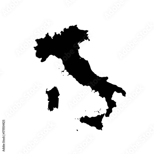 Black silhouette map of Italy, an accurate geographical outline of the European country's distinctive boot shape, ideal for educational content and graphic design projects