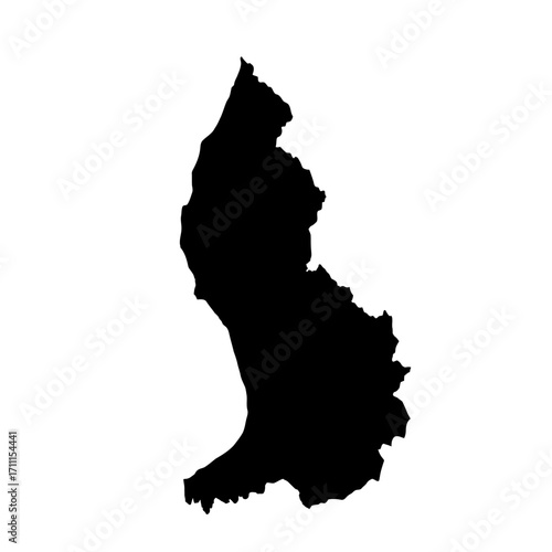 Black silhouette map of Liechtenstein, a European country nestled between Switzerland and Austria, presented on a clean white background for clear visualization