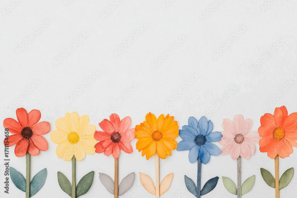 Obraz premium Colorful paper flowers stand in a row against a white backdrop, bright petals in red, yellow, blue, pink, and orange, creating a playful springtime composition with soft shadows.