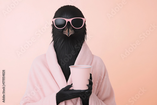 A stylish bird wearing a soft pink bathrobe and oversized sunglasses holds a disposable cup, standing against a peach backdrop for playful, surreal fashion photography.