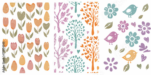 Whimsical spring collection of stylized tulips trees and birds in pastel colors