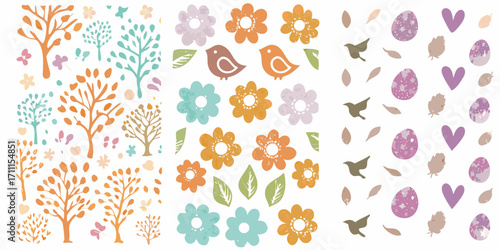 Collection of charming hand drawn spring elements including trees flowers birds hearts and easter eggs in pastel colors