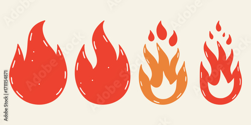 Four stylized cartoon flames in red and orange colors on a light background