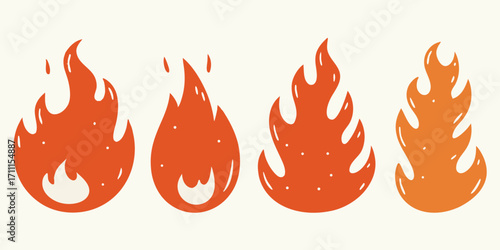 Set of four stylized cartoon fire icons in various orange and red shades on a cream background